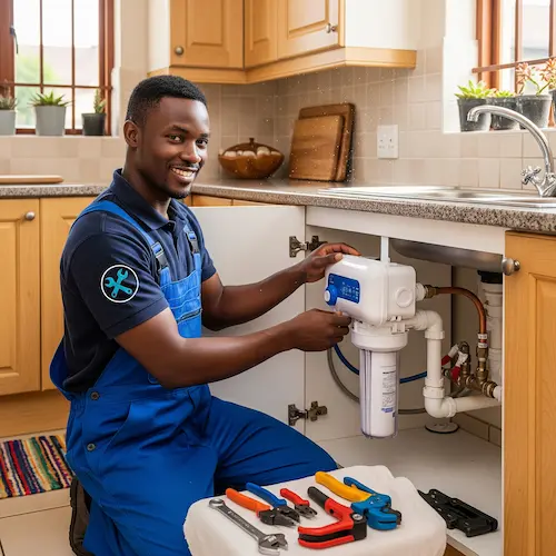 Smiling plumber in blue overalls installs a water filter under a kitchen sink. 