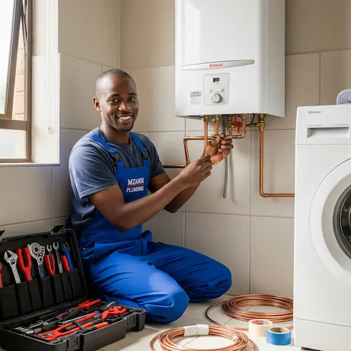 An image of a plumber installing a natural gas geyser in South Africa
