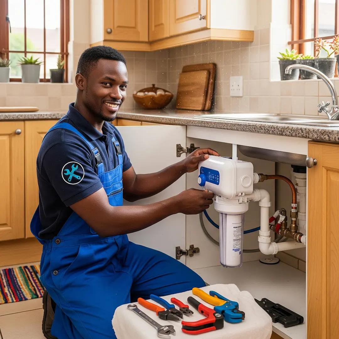 Smiling plumber in blue overalls installs a water filter under a kitchen sink. 