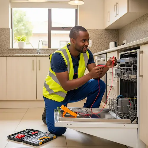 A technician in a high-visibility vest kneels, repairing a dishwasher in a bright kitchen. 