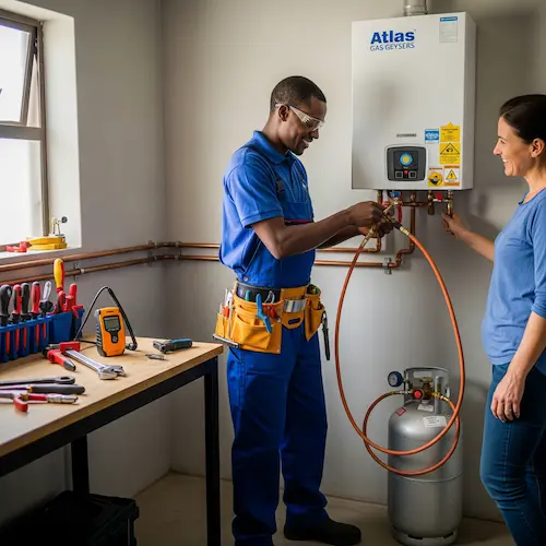 A technician in blue uniform and safety goggles installs a gas geyser while a smiling woman watches. 