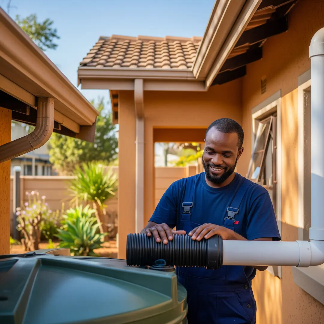 A man in blue overalls smiling while installing a rainwater harvesting system outside a house with a tiled roof, surrounded by plants and sunlight.