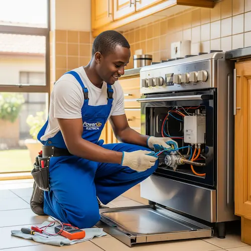 A smiling electrician in blue overalls kneels, fixing a LPG gas stove in a bright kitchen.