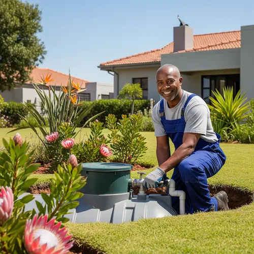 A man in blue overalls smiles while working on a septic tank surrounded by vibrant flowers. 