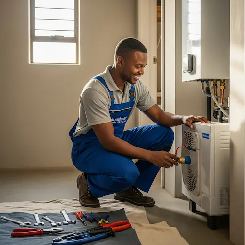 An image of a plumber installing a heat pump in South Africa