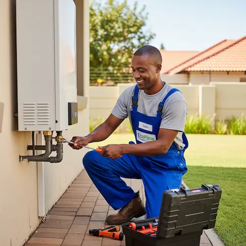 An image of a plumber repairing a heat pump in South Africa