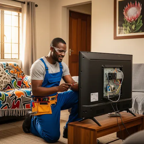 An image of an electrician repairing a TV in South Africa