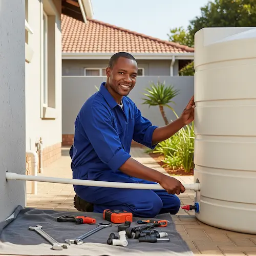 A person in blue overalls smiles while installing a white water backup tank outdoors.