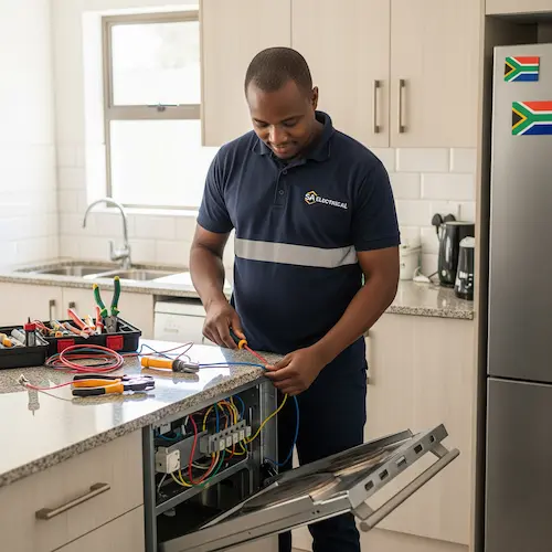 An Electrician working in a kitchen, fixing an electric stove 