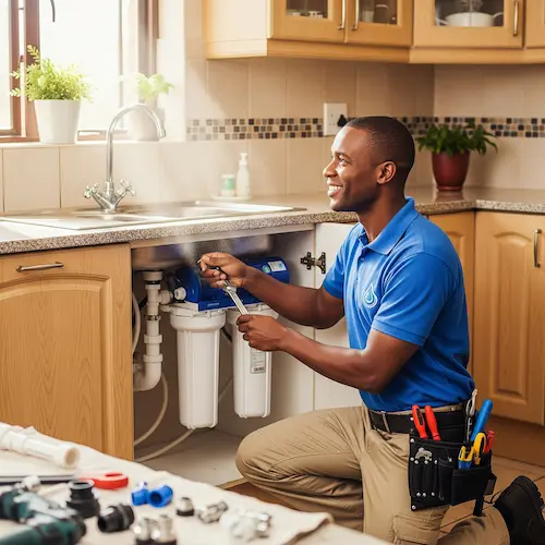 An image of a plumber installing a water filter in South Africa