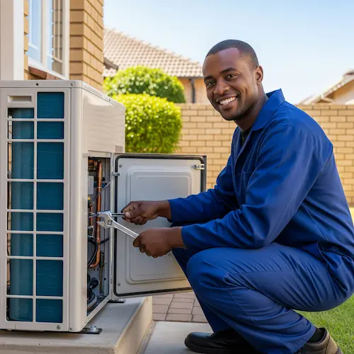 Smiling technician in blue uniform repairs heat pump unit with a wrench. 