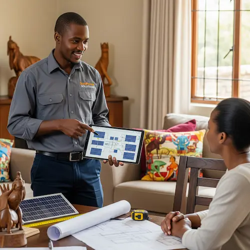 Man in uniform showing tablet diagrams to a woman in a living room of a Solar System