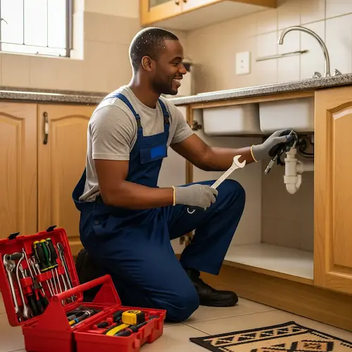 A smiling plumber in blue overalls kneels under a kitchen sink, holding a wrench. A red toolbox with various tools is open nearby. Bright, tidy room.