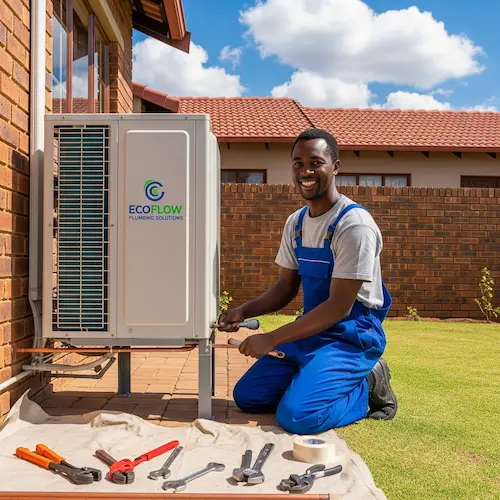A smiling technician in blue overalls kneels beside an Heat Pump unit, using a wrench.