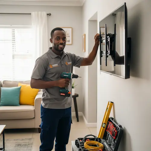 an electrician busy with the TV installation 