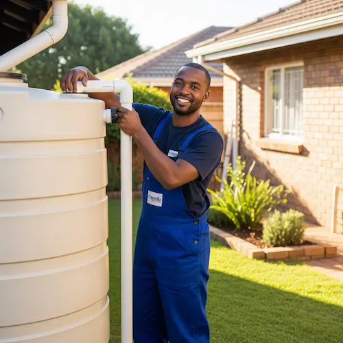 An image of a plumber installing a rainwater system in South Africa
