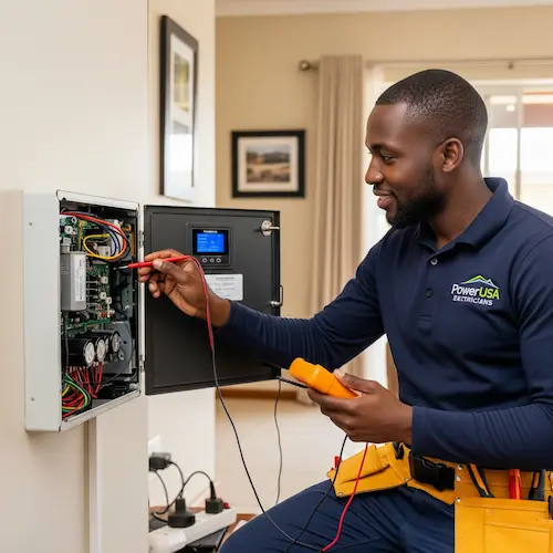 A smiling electrician in a navy uniform works on a wall-mounted electrical panel for repairing an inverter.