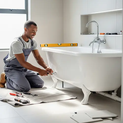 A smiling plumber in overalls kneels on a mat, fixing a clawfoot bathtub with a wrench. 