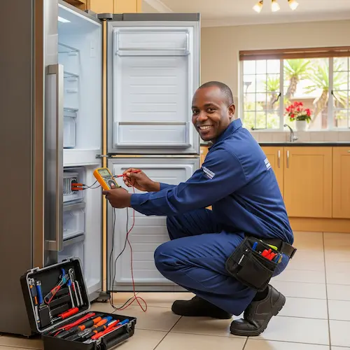 A smiling technician in blue overalls crouches beside an open refrigerator, using a multimeter. 