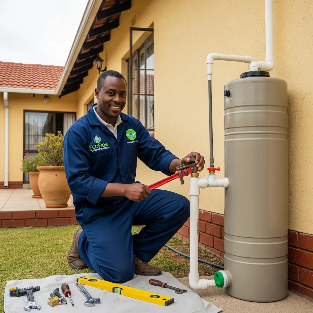A picture of a plumber installing a water backup tank