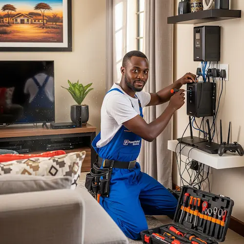 A technician in blue overalls and a white shirt is fixing an inverter beside a large TV. 