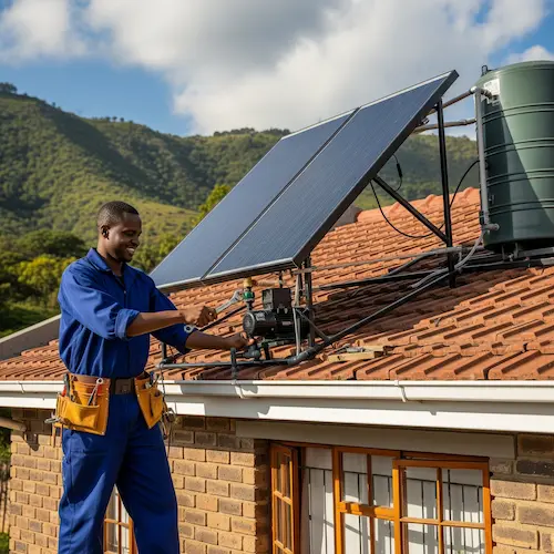 A technician in blue coveralls, smiling, adjusts a solar panel system on a red-tiled roof. 