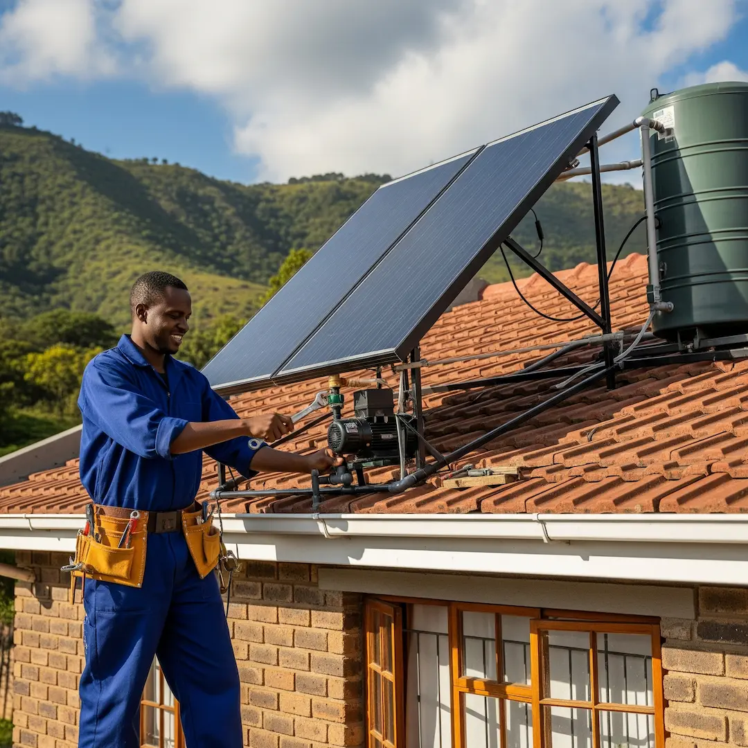 A technician in blue coveralls, smiling, adjusts a solar panel system on a red-tiled roof.