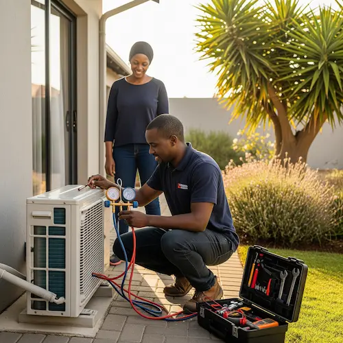 A technician in a navy uniform services an outdoor air conditioning unit, while a smiling woman watches.