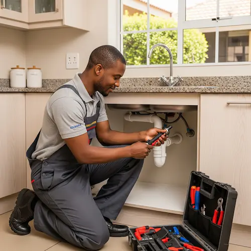 An image of a plumber fixing leaking pipes under a kitchen sink in south africa