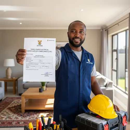 Electric professional smiling, holding an electrical compliance certificate in a modern living room.
