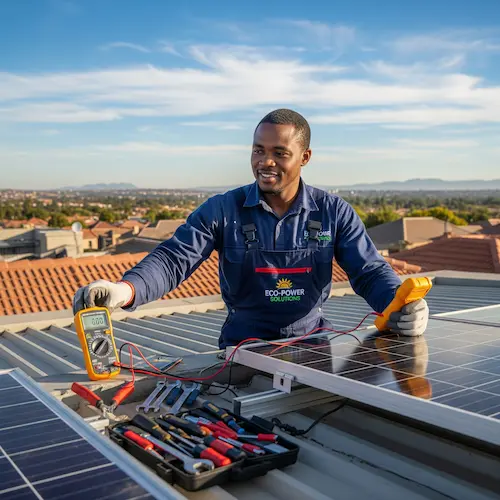 An image of an electrician repairing a solar system in South Africa