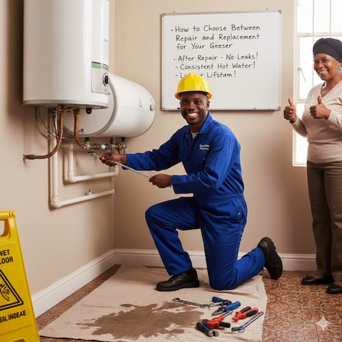 image of a plumber repairing a geyser