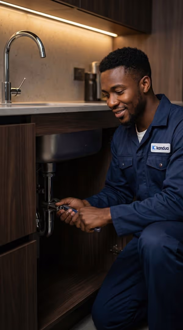 an image of a vetted kandua plumber fixing a leaky pipe under a sink