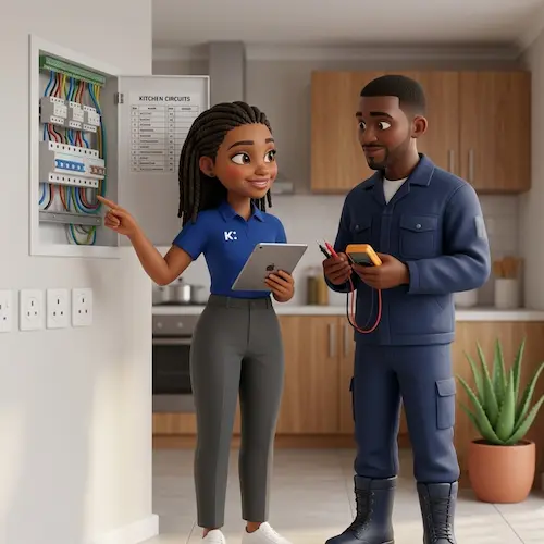 image of an electrician and a plug point