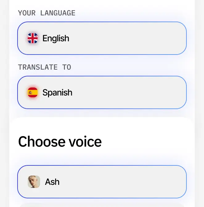 Choose settings. Select the languages and voice.