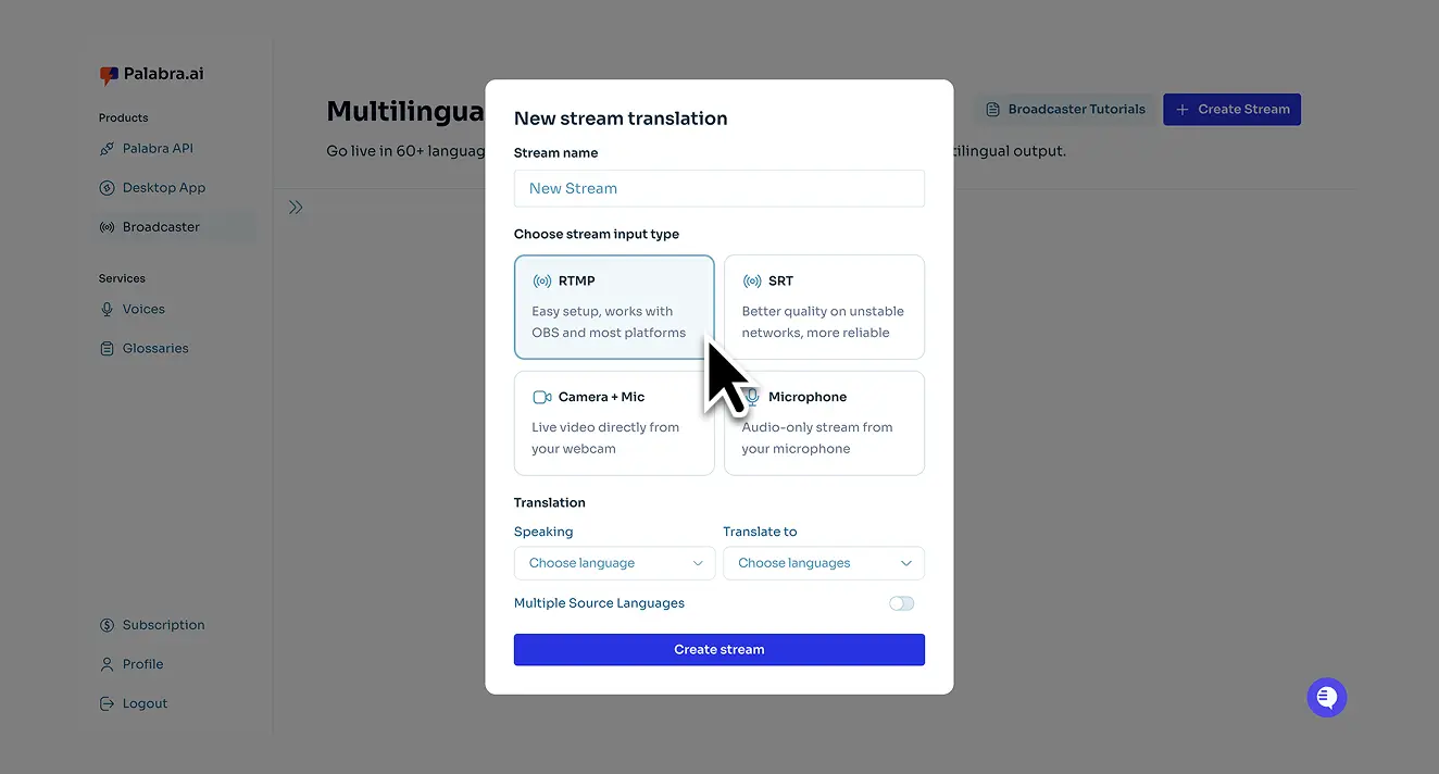 Choose the input protocol based on your streaming studio.
