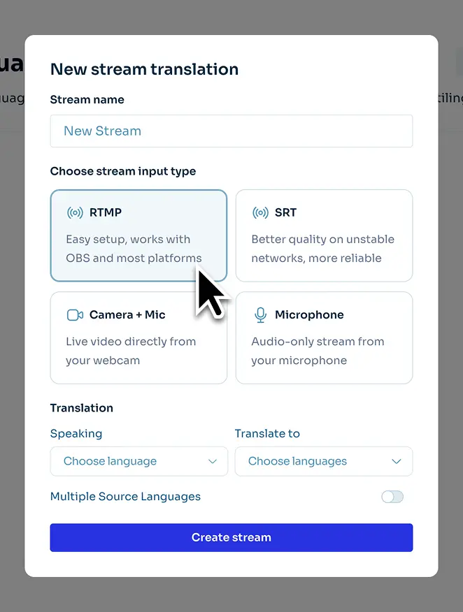 Choose the input protocol based on your streaming studio.