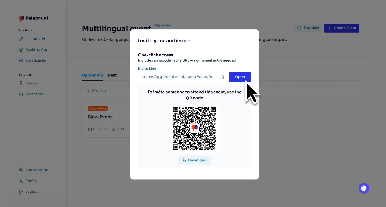 Your team shares a QR code or link for translation with the attendees.