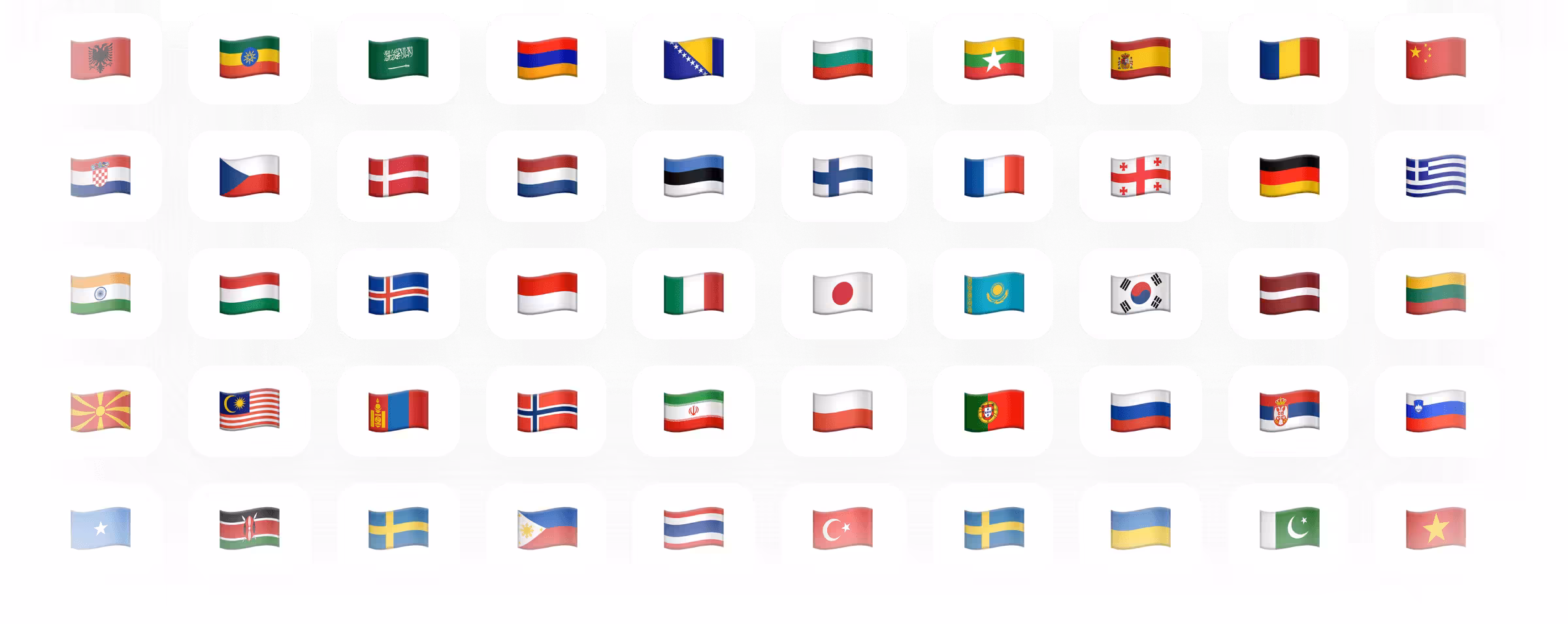 Grid of 40 waving national flags from diverse countries arranged in five rows and eight columns.