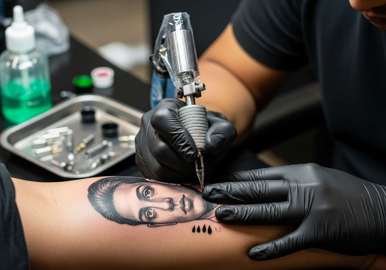 A close-up shot captures a tattoo artist, wearing black gloves, meticulously working on a detailed portrait tattoo of a man's face on a client's arm at Teetu Tattoo in Jagat Farm, Greater Noida. The tattoo machine is visible in action, and various tattoo supplies are blurred in the background, highlighting the artistic process.
