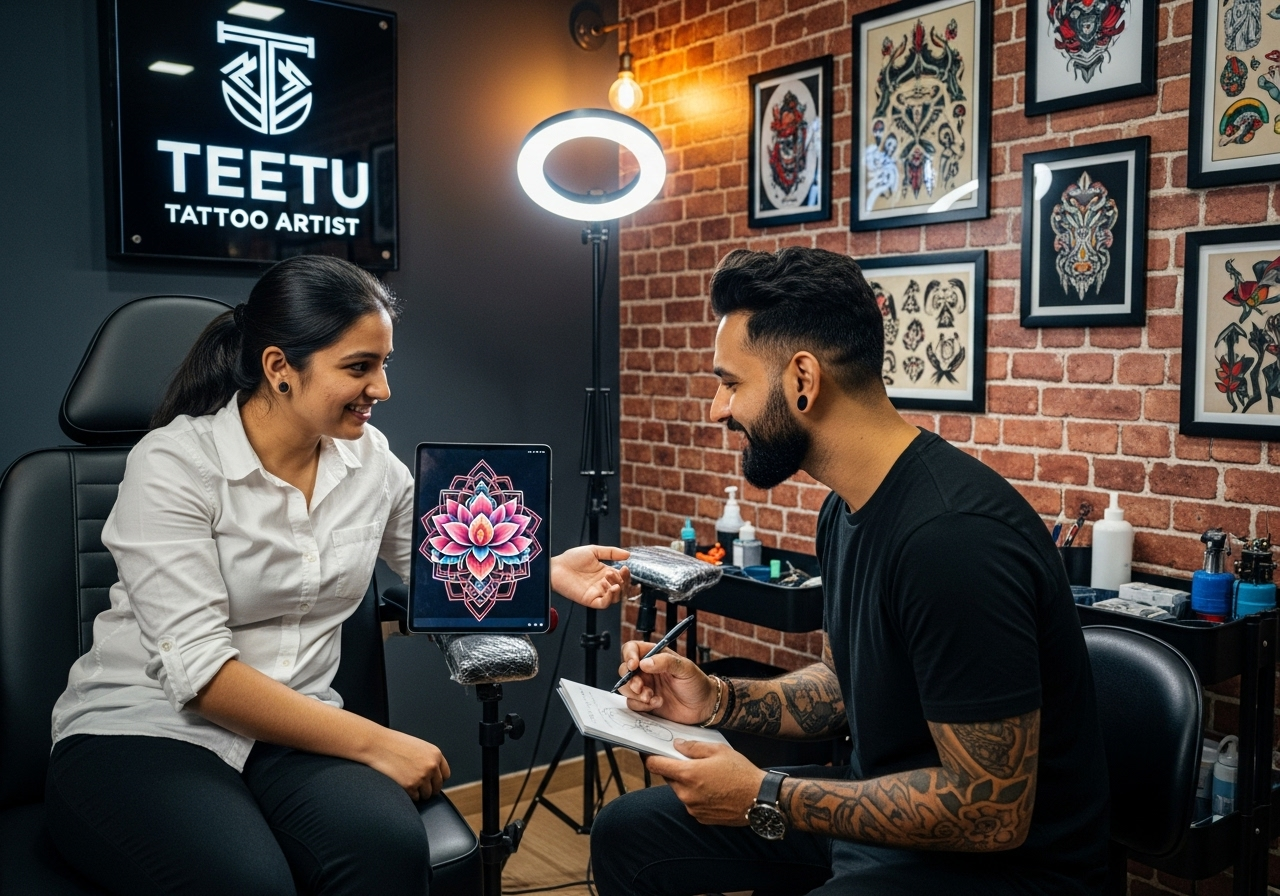 A client at Teetu Tattoo Artist in Greater Noida, smiling while discussing their custom tattoo design with the artist. This image captures the collaborative and friendly approach that makes them a local favorite.