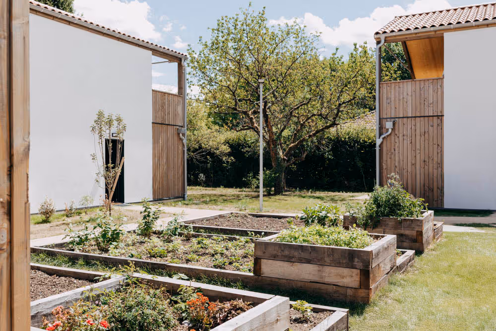 Vue sur le potager du hameau, coin de verdure ensoleillé entre les maisons