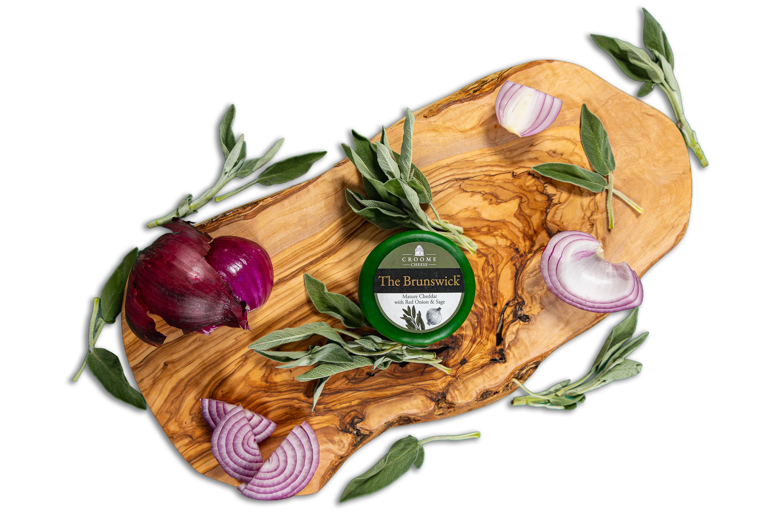 a wooden board with red onion and herbs featuring the brunswick cheese from croome cheese