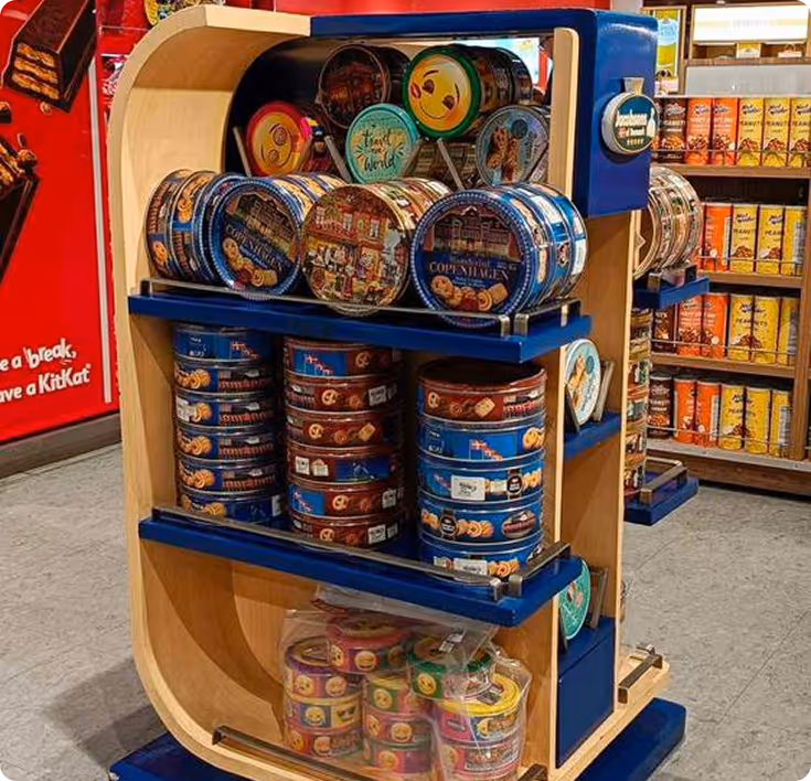 multiple cans of cookies in a supermarked