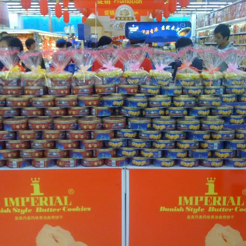 Large in-store display of Imperial Danish-style butter cookie tins in China