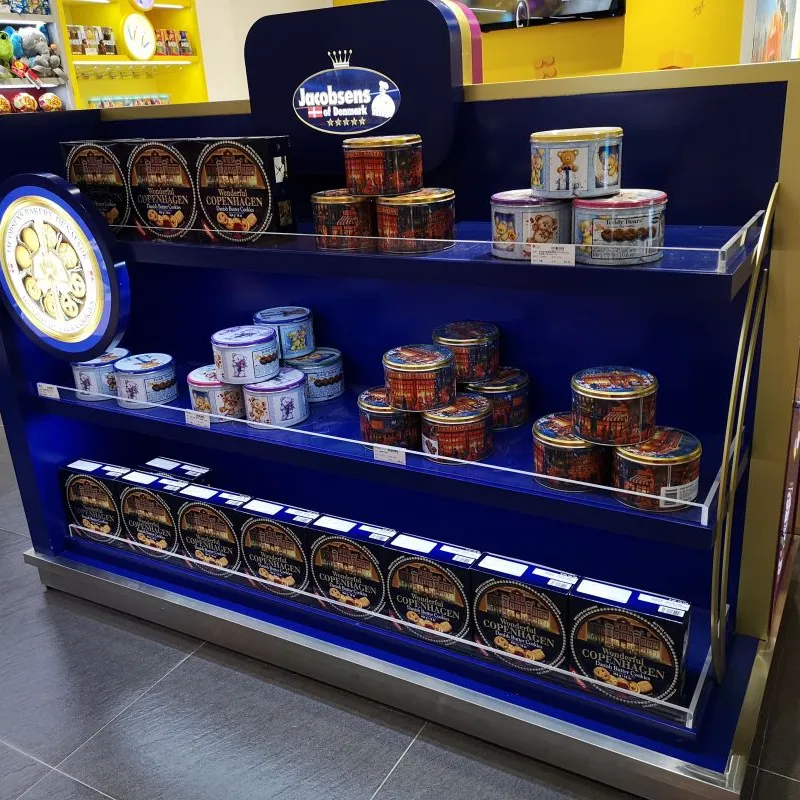 Branded Jacobsens display stand with cookie tins in a store in China