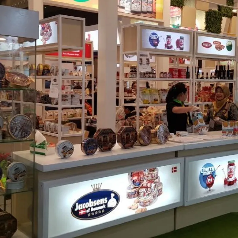 Jacobsens of Denmark pop-up stand with cookie tins in an Indonesian mall