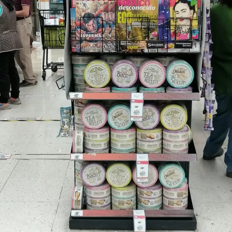 End-of-aisle stand with Danish cookie tins in a supermarket in Mexico
