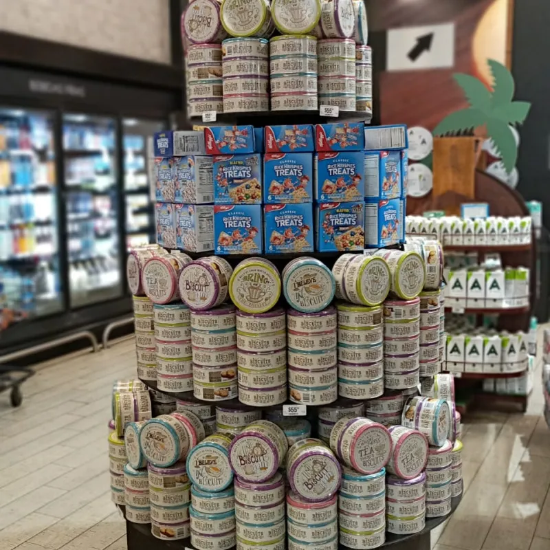 Tower display of Danish butter cookie tins in a Mexican supermarket