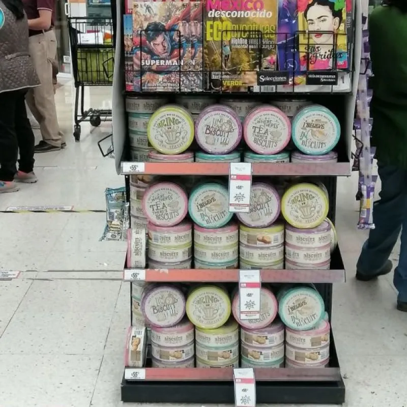 End-of-aisle stand with Danish cookie tins in a supermarket in Mexico